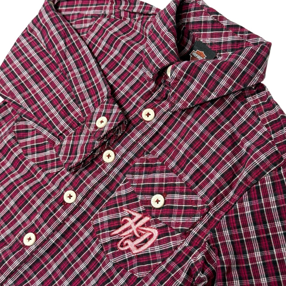 Harley-Davidson Toddler Girls Burgundy‎ Pink Plaid Flannel Button Down Shirt 3T